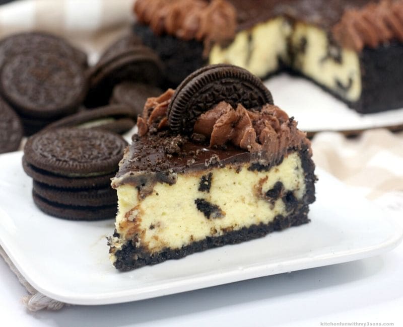 a slice of Instant Pot Oreo Cheesecake
