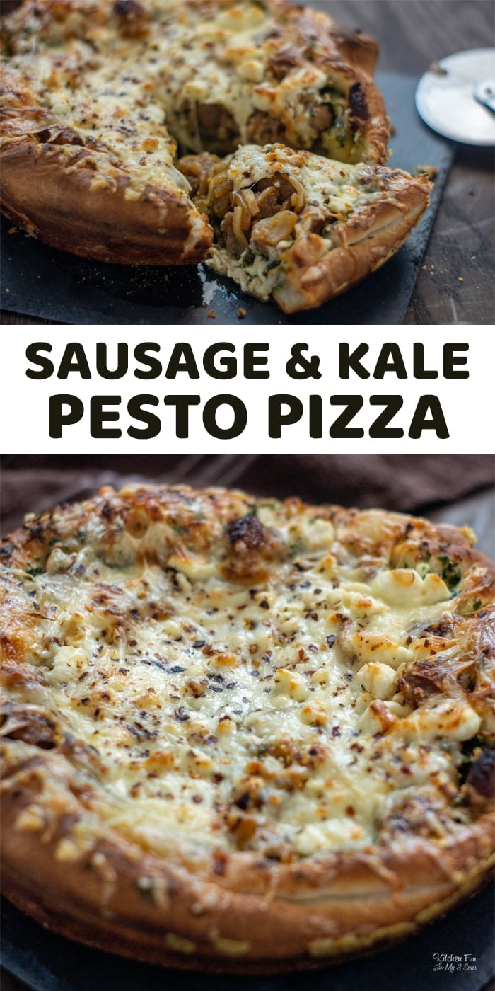 Pesto Pizza with sausage and kale is a delicious homemade pizza recipe. You can make this for lunch, dinner or make a couple as a great appetizer at a party! 