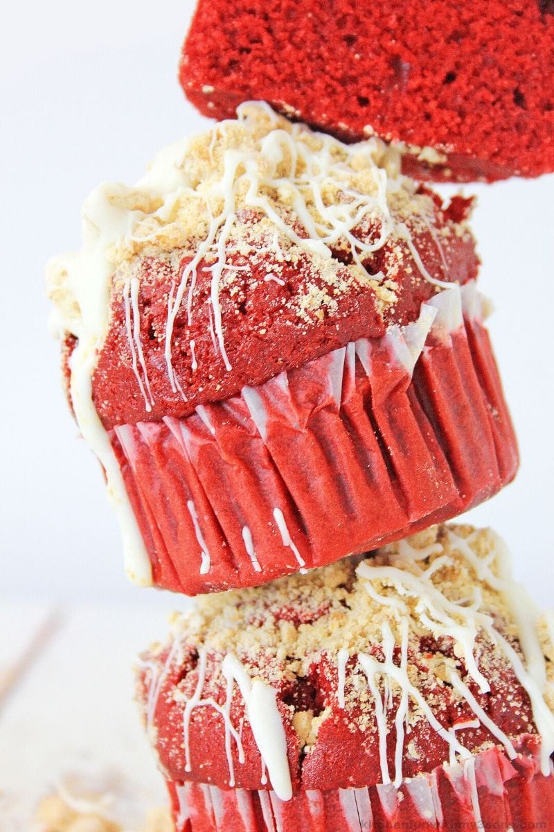 red velvet muffins in a stack
