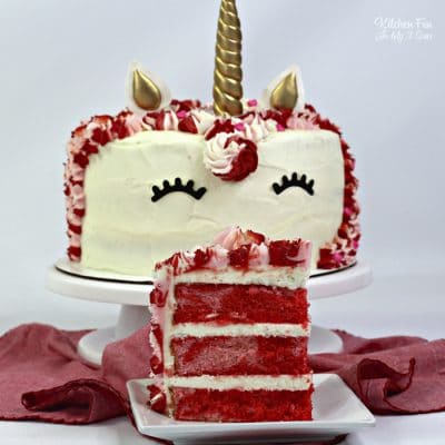 A Valentine Unicorn Cake is the sweetest dessert to share with your kids on Valentine's Day. It's a triple layered, moist vanilla cake with homemade vanilla frosting on top.
