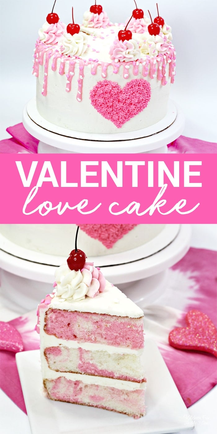 Our Valentines Day Cake is absolutely beautiful and super tasty! It's a triple layer pink and white cake with homemade vanilla frosting on top.