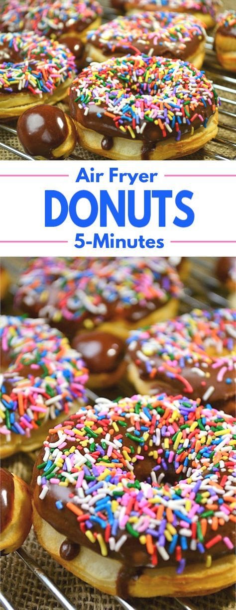 Air Fryer Donuts Pinterest graphic with photo of donut with chocolate icing and sprinkles
