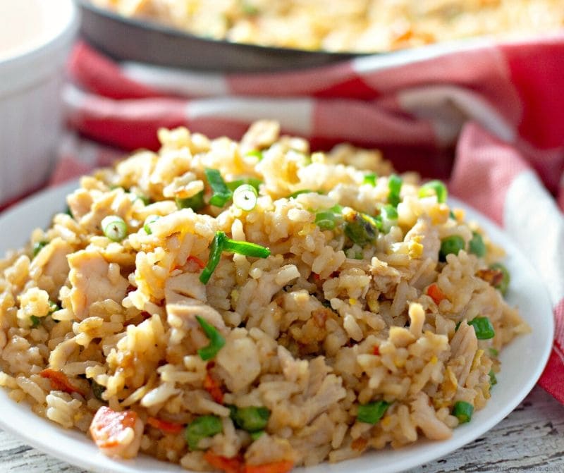 chicken fried rice on a plate