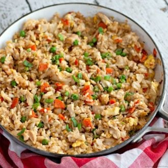 chicken fried rice in a pan