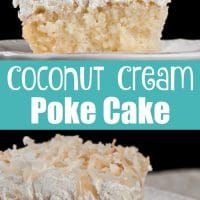 Coconut Cream Poke Cake topped with Cool Whip and toasted coconut.