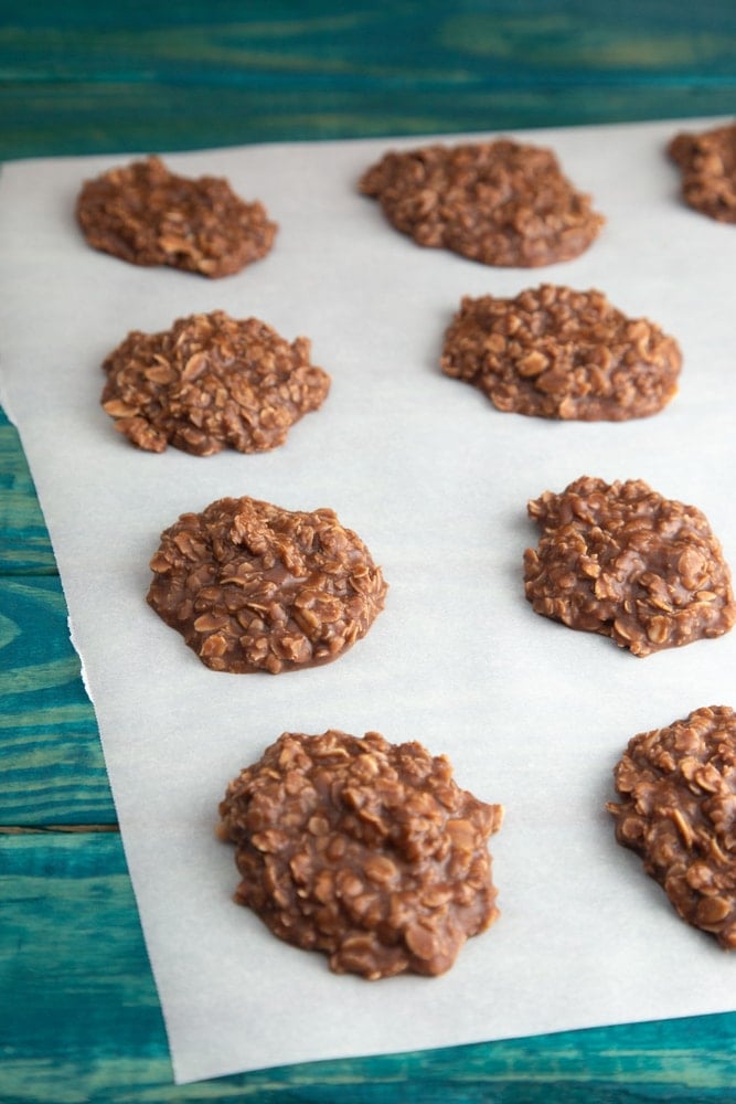 No bake peanut butter chocolate cookies on parchment paper
