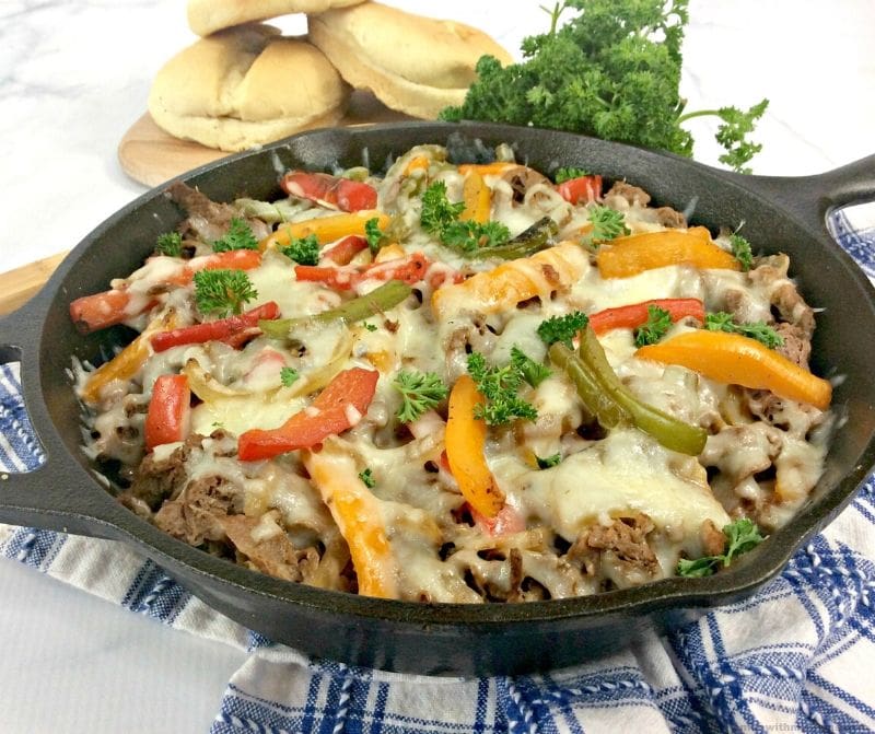 philly cheesesteak casserole in a skillet