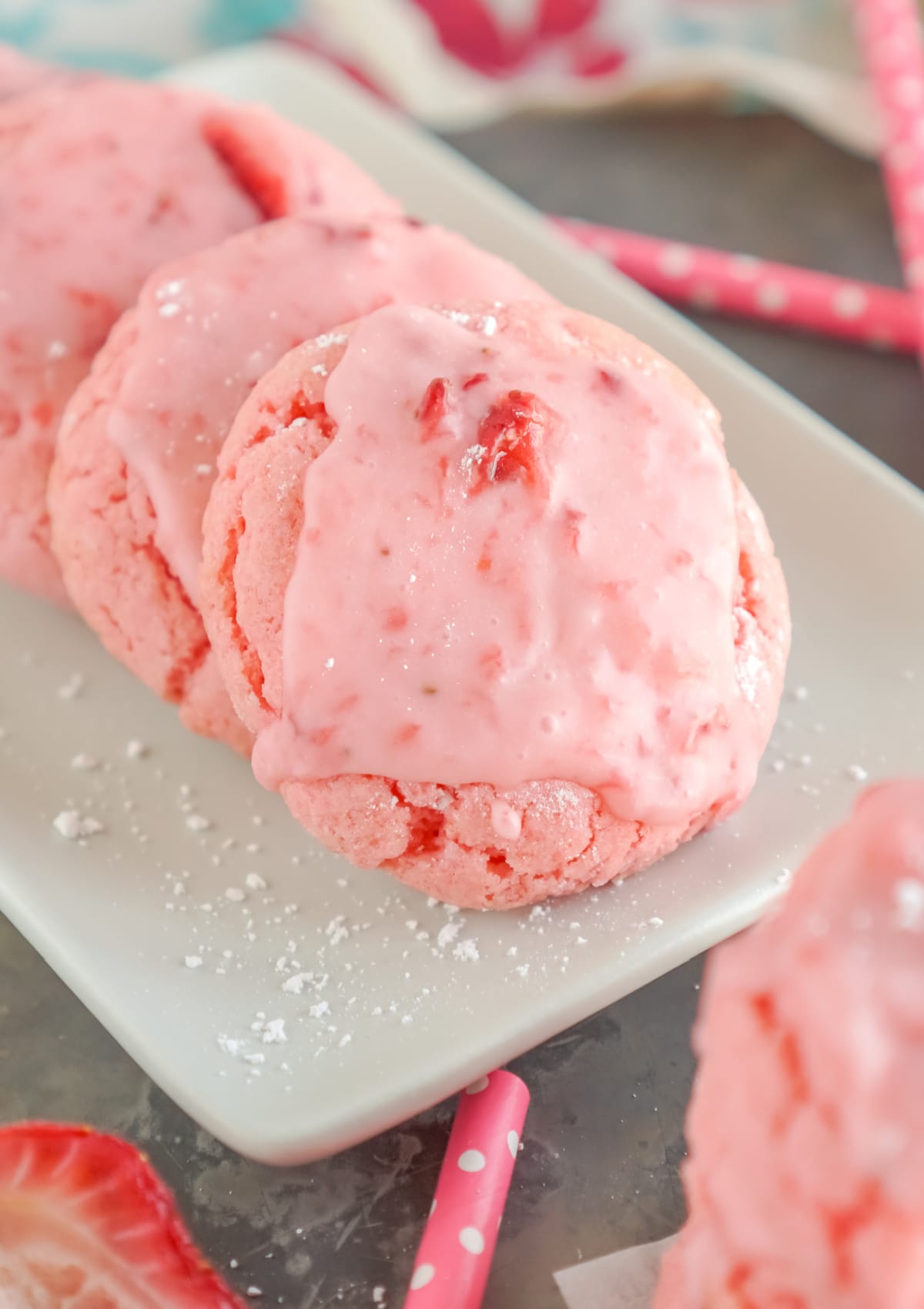 Strawberry Cake Mix Cookies on a plate