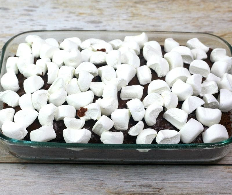 marshmallows on top of chocolate cake