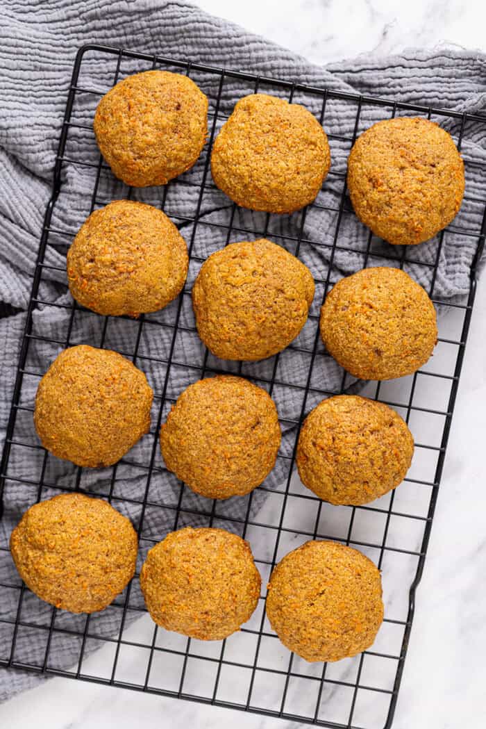 Carrot cake cookies cooling on a wire rack