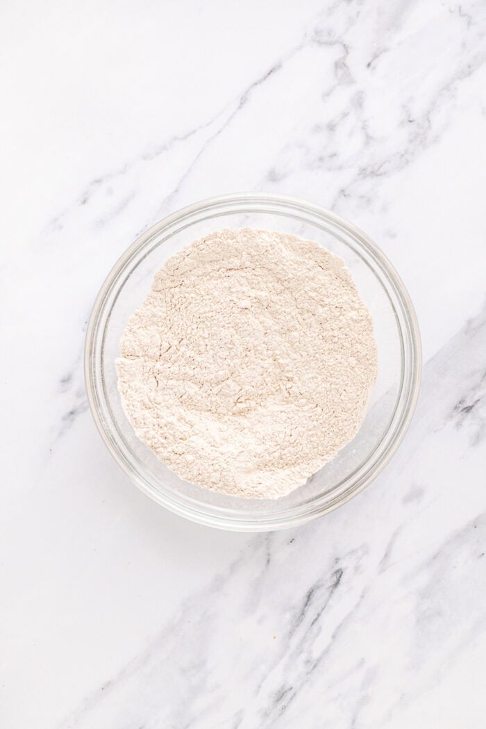 Dry cookie ingredients in a bowl