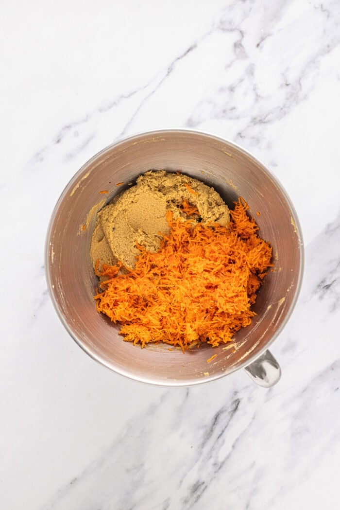 Shredded carrot added to wet cookie dough ingredients