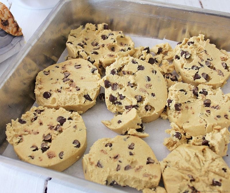 chocolate chip cookie dough in a pan