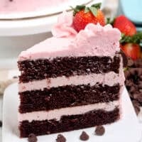 A slice of chocolate strawberry cake on a white plate