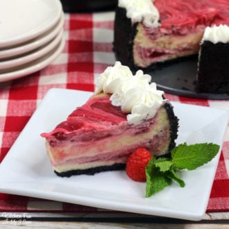 Instant Pot Raspberry Cheesecake with white chocolate and fresh pureed raspberries is a delicious dessert and perfect for Spring.