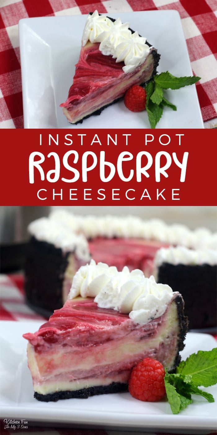 Pinterest title image for White Chocolate Raspberry Cheesecake baked in the Instant Pot.