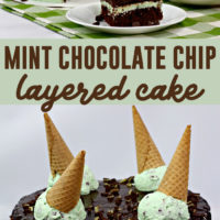 Mint chocolate chip cake with ice cream cone decorations.
