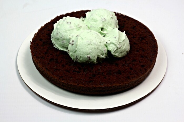 adding mint chocolate chip frosting on chocolate cake