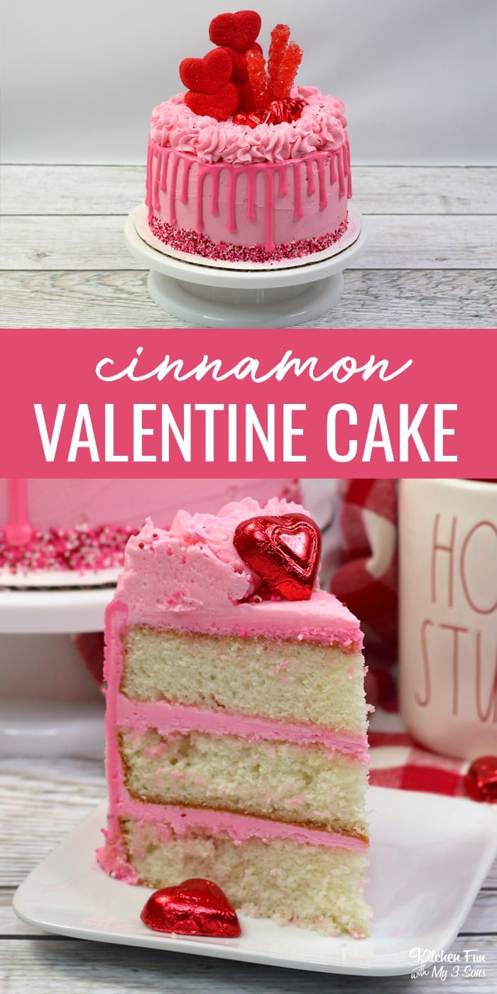 This Valentine Cake with cinnamon flavor and homemade vanilla frosting is the perfect Valentine's Day dessert. Top it with sprinkles and red rock candy for a festive look. 