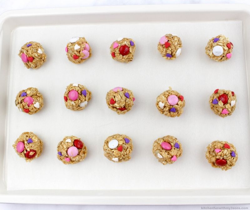 Valentine's Day Oatmeal Balls on a cookie sheet