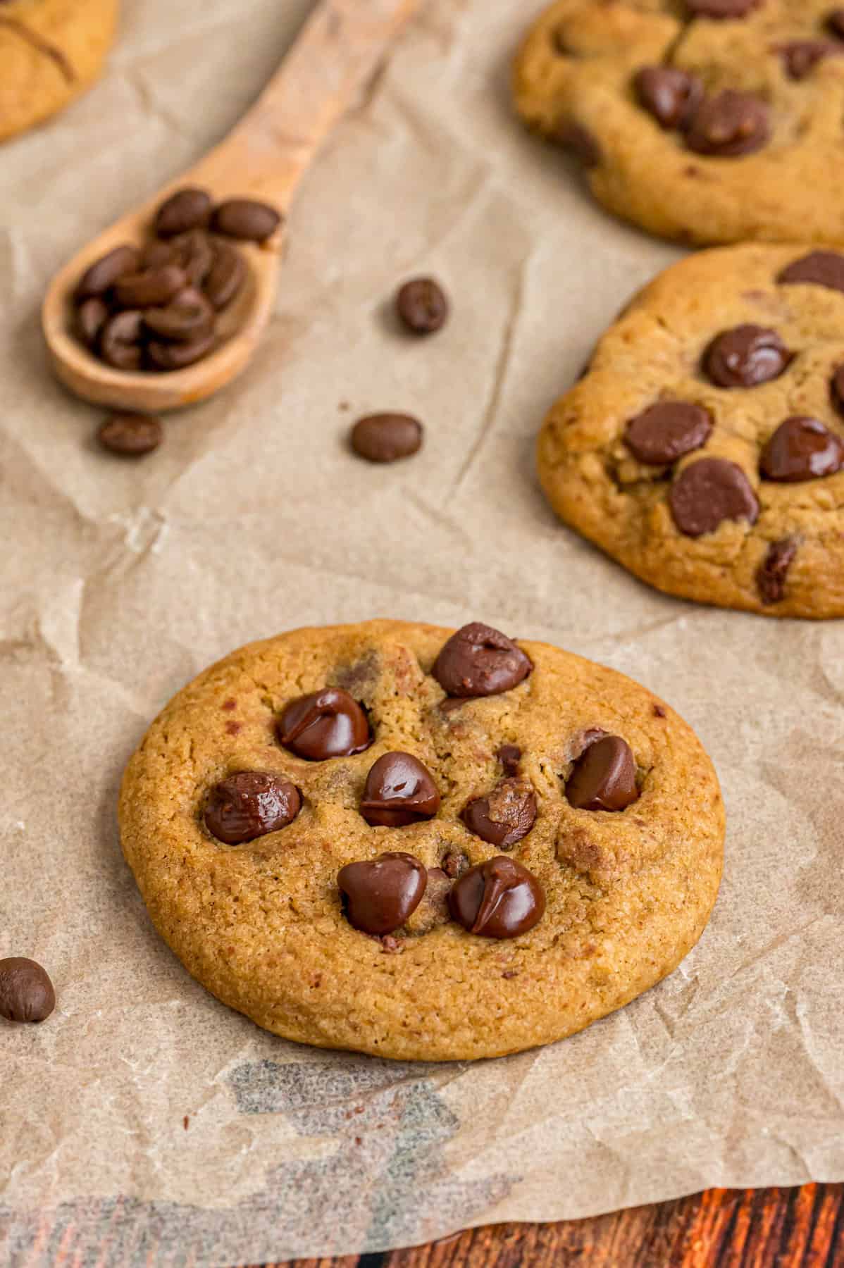 Overhead view of coffee cookies on parchment paper