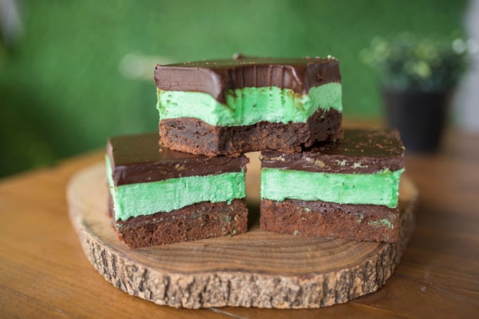 Fudge Brownies Layered with Mint Frosting and topped with Chocolate Ganache