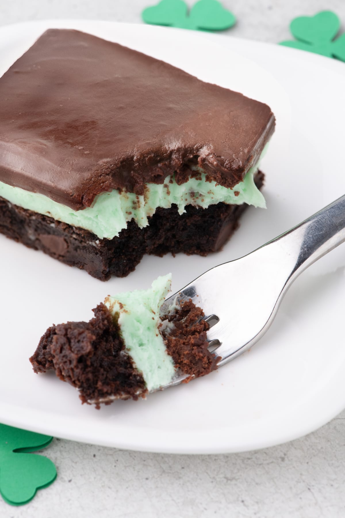 Mint Chocolate Brownies  on a plate with a fork