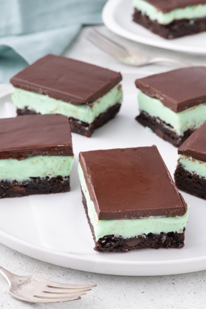 mint chocolate brownie squares on a plate