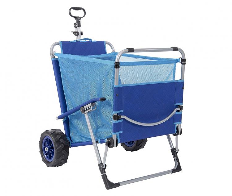 A wagon with sturdy wheels and a large pouch for gear storage