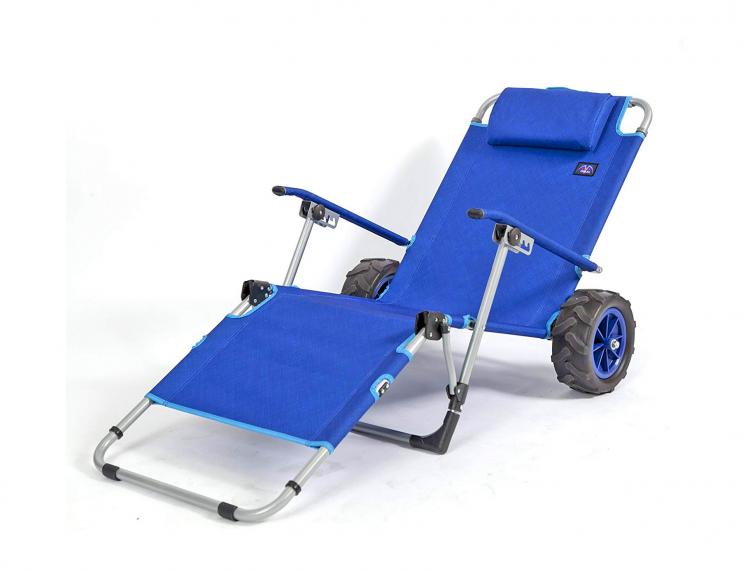 A royal blue outdoor lounger with sturdy wheels