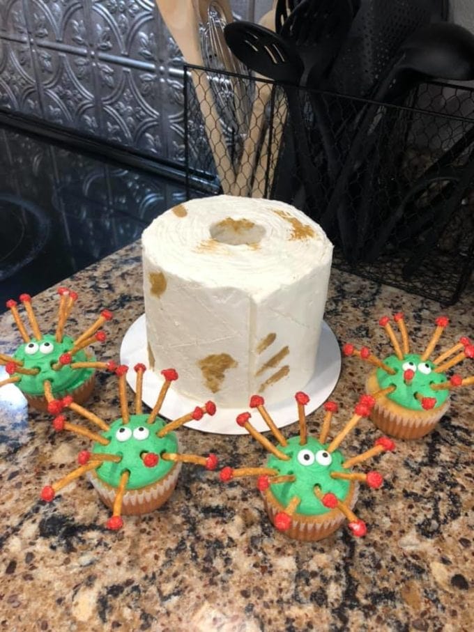 Toilet Paper Cake with Corona Virus Cupcakes