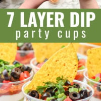 7 layer dip cups with tortilla chips on top.