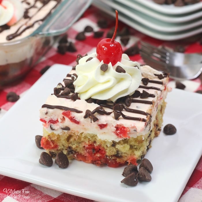 A piece of Cherry Garcia cake on top of a square dessert plate