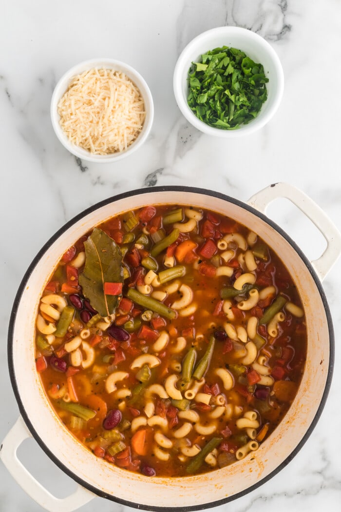 Overhead view of Italian minestrone soup in a pot