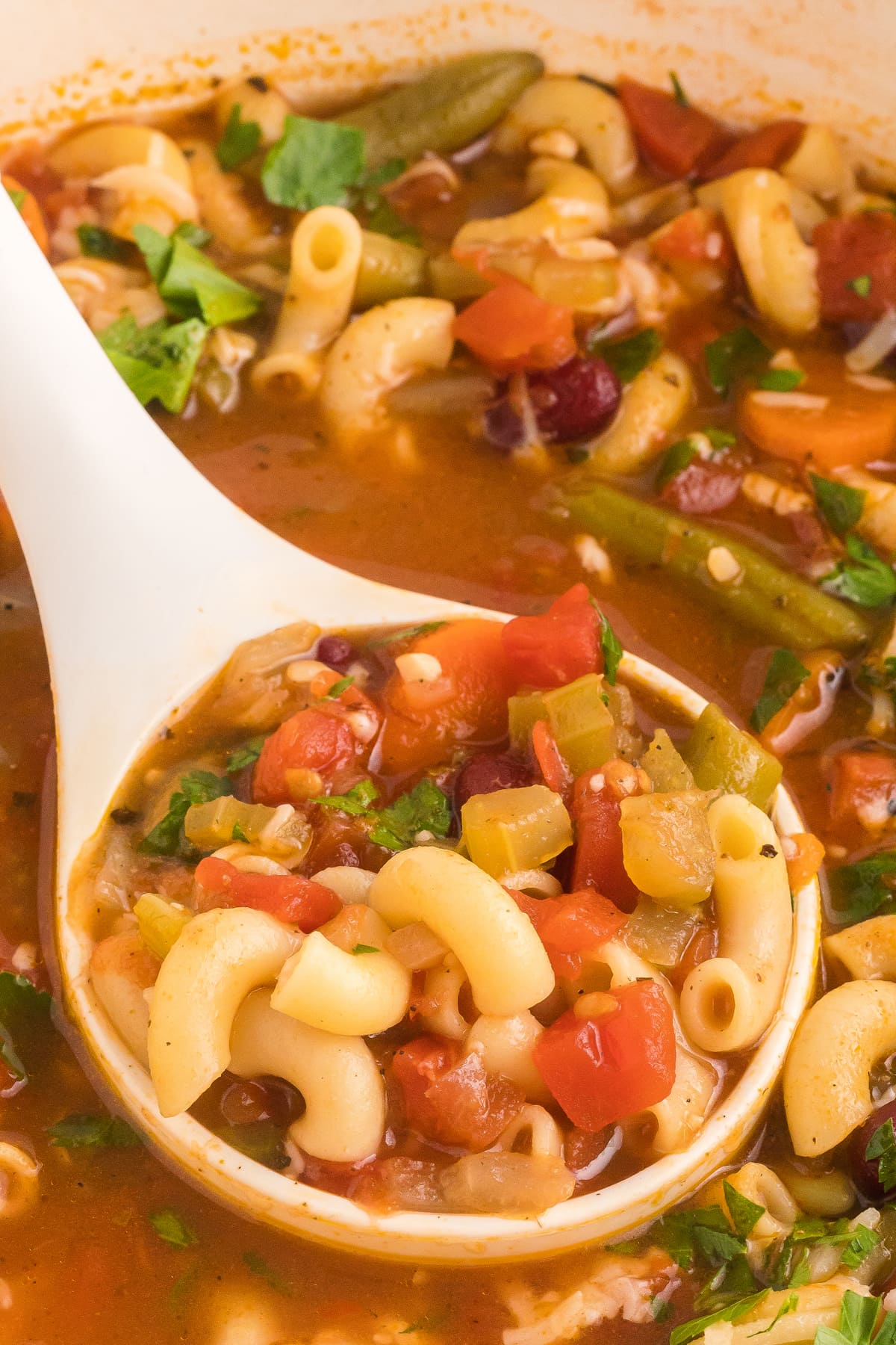 Close up of a ladle full of minestrone vegetable soup