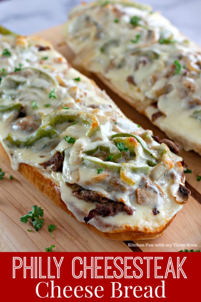 Homemade Philly Cheesesteak Cheese Bread on a cutting board