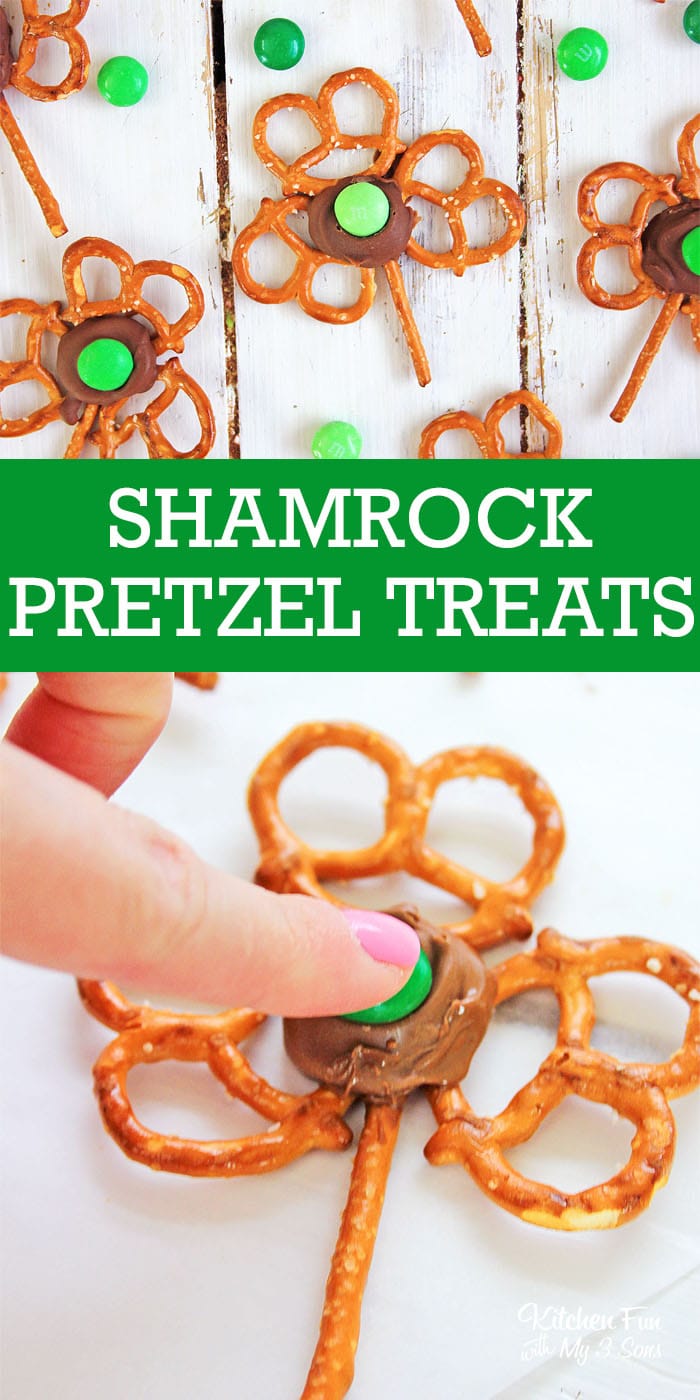 Shamrock Pretzels are the cutest St. Patrick's Day treat ever! These yummy snacks with pretzels, Rolos and M&Ms look like edible four leaf clovers.