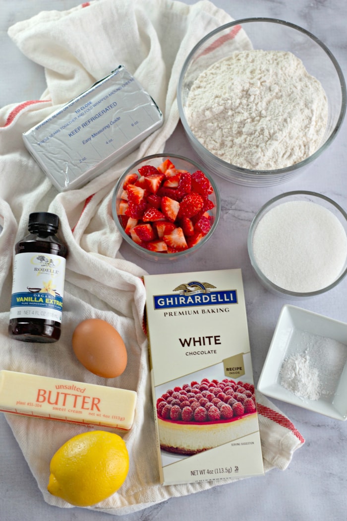 Ingredients for white chocolate strawberry cookies.