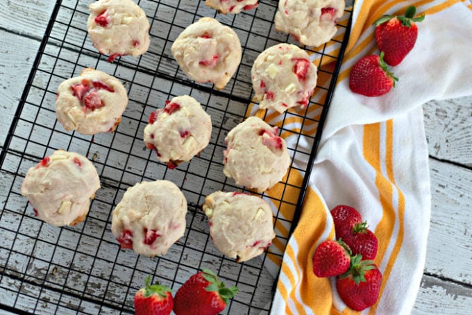 Strawberry White Chocolate Chunk Cookies on a wire cooling rack