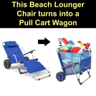A 2-in-1 beach lounge chair shown as both a lounger and a wagon with an arrow in between