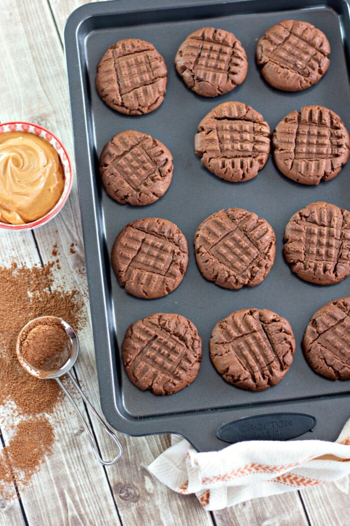 Chocolate Peanut Butter Cookies on a baking sheet