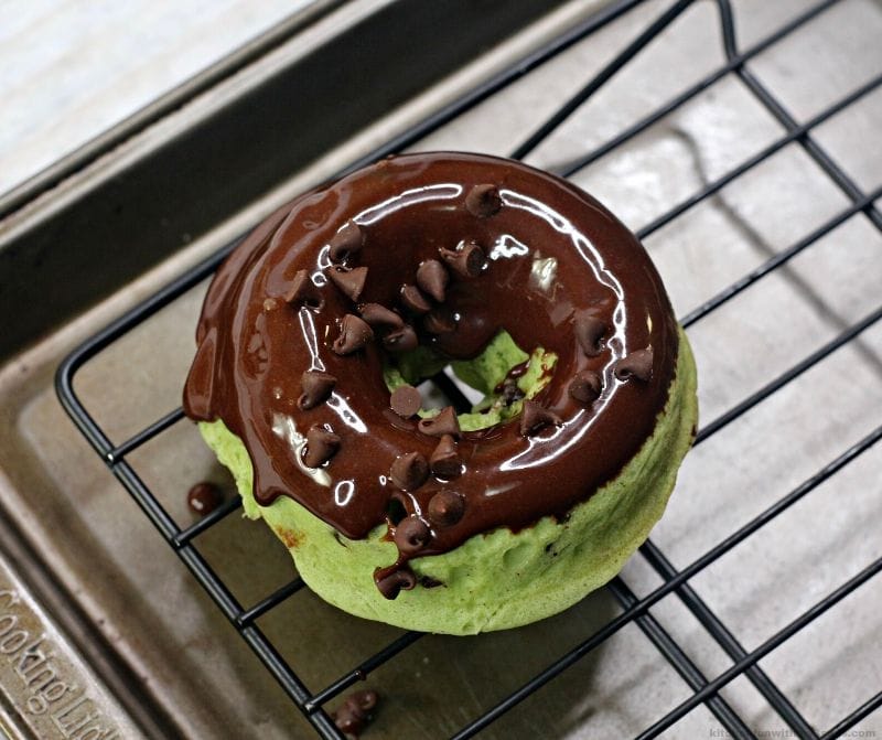 Mint Chocolate Chip Donut on a cooling rack