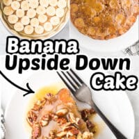 Banana Upside Down Cake with a brown sugar topping and fresh banana slices.
