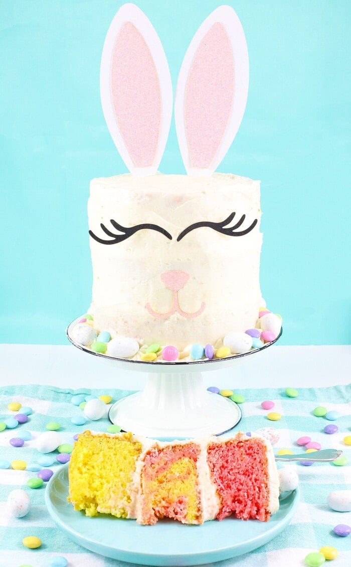 Easter Bunny Cake on a cake stand.