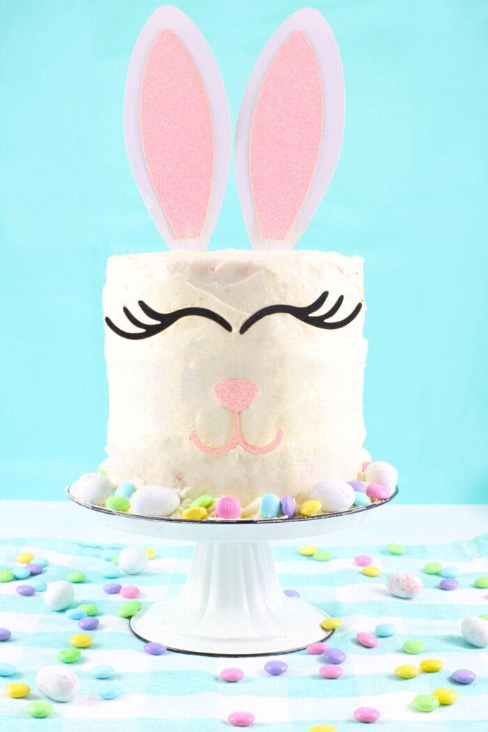 Easter Bunny Cake with candies around the bottom.