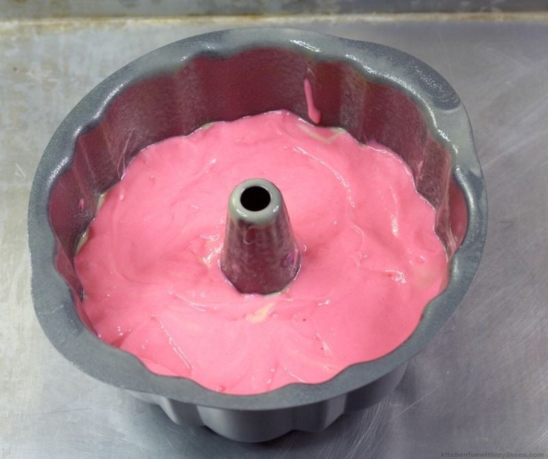 pink cake batter in a pan