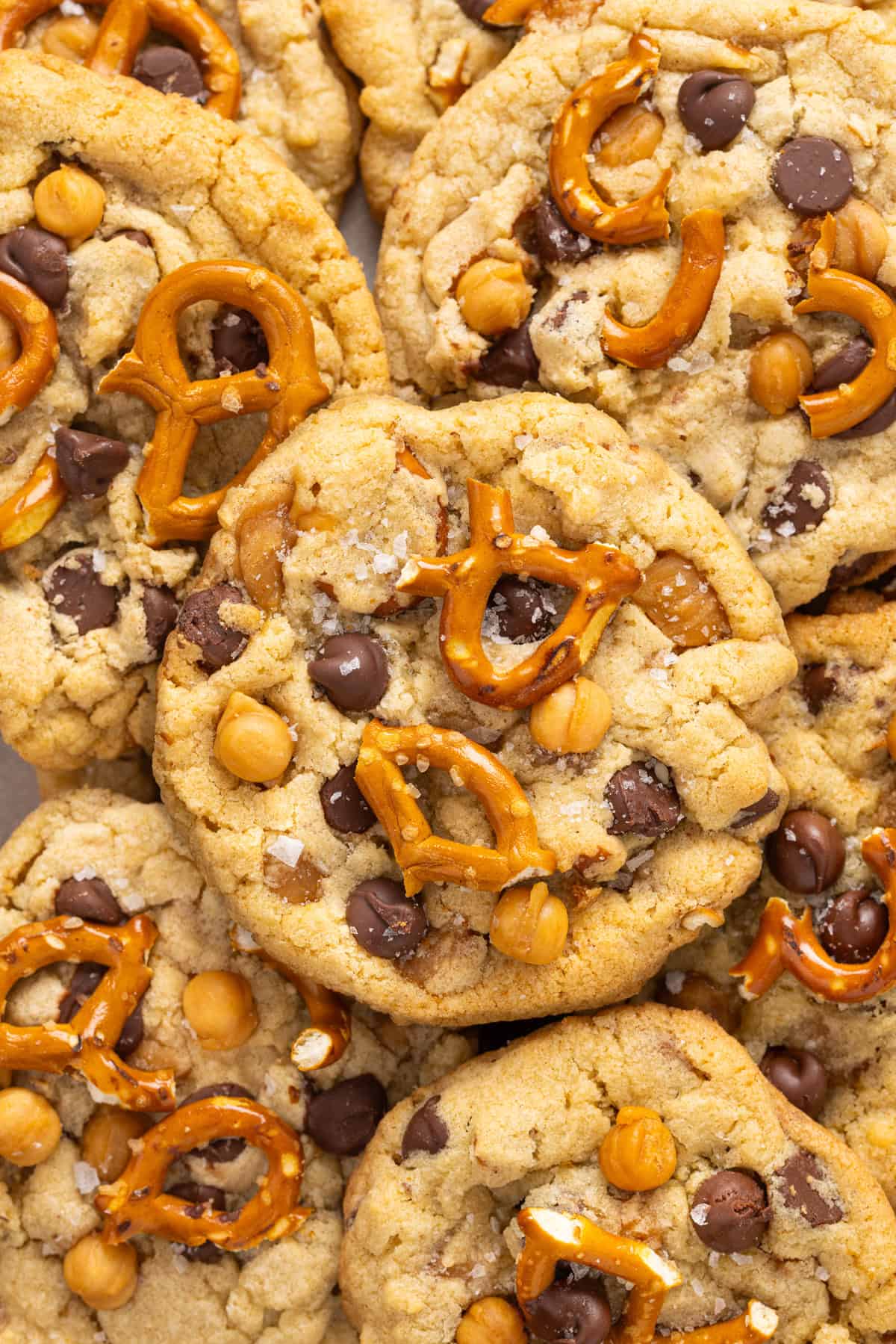 Made with brown butter, pretzels, caramel bits, and chocolate chips, Kitchen Sink Cookies are the perfect combination of sweet and salty. Overview view of kitchen sink cookies