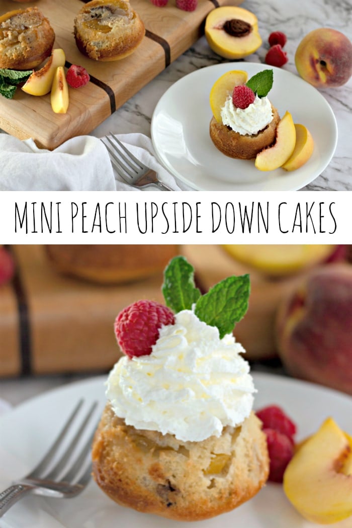 A vertical collage of two images of mini peach upside down cakes topped with whipped cream