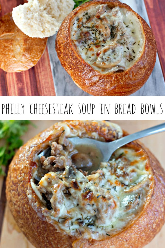 Philly Cheesesteak Soup in a Bread Bowl