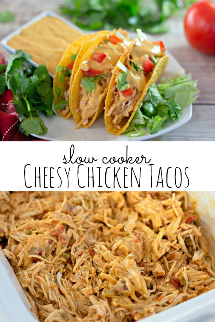 A collage of two images with one showing the chicken taco filling and the other showing the assembled chicken queso tacos
